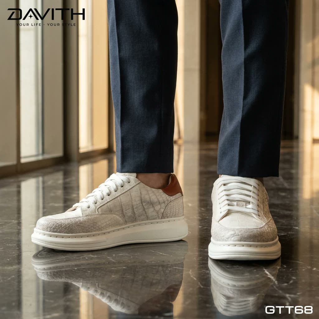 Sneaker da bụng cá sấu bạch tạng GTT68 khi mang