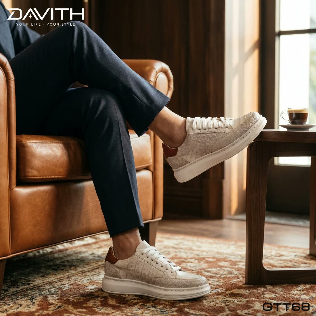 Sneaker da bụng cá sấu bạch tạng GTT68 khi mang